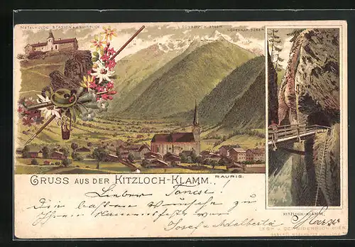 Lithographie Rauris, Kitzloch-Klamm, Meterolog Station a. d. Sonnblick