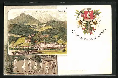Lithographie Hallein, Salzberg-Einfahrt, Ortsansicht mit Sattel, Hohe Göll
