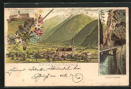 Lithographie Rauris, Ortsansicht, Kitzloch-Klamm, Meteorologische Station auf dem Sonnblick