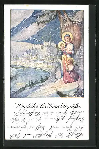 Künstler-AK Salzburg, Maria mit dem Kinde vor der winterlichen Stadt