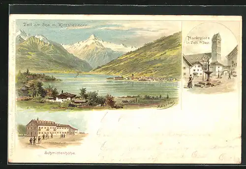 Lithographie Zell a. See, Teilansicht mit Kitzsteinhorn, Marktplatz, Schmittenhöhe