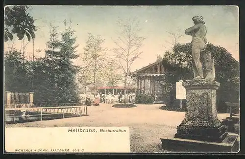 AK Hellbrunn, Aussenbereich mit Statue eines Restaurants