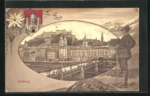 AK Salzburg, Salzachbrücke im Stadtkern, Stadtwappen, Wandersmann