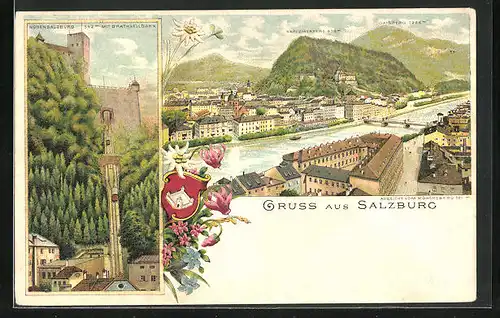 Lithographie Salzburg, Burg Hohensalzburg mit Drahtseilbahn, Kapuzinerberg
