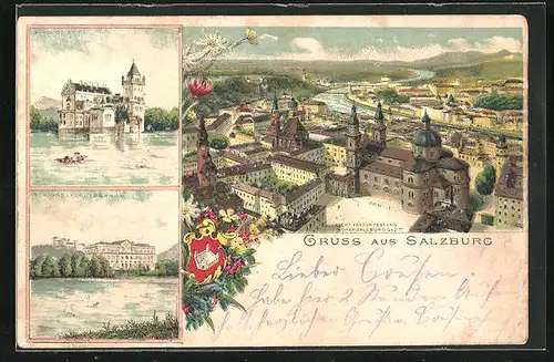Lithographie Salzburg, Schloss Anif, Totalansicht, Schloss Leopoldskron