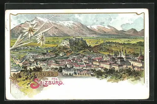 Lithographie Salzburg, Totalansicht, Edelweiss