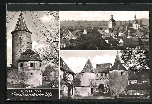 AK Prichsenstadt / Ufr., Panorama, Altes Stadttor & Eulenturm