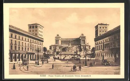 AK Roma, Piazza Venezia col Monumento Vittorio Emanuele II., Strassenbahn