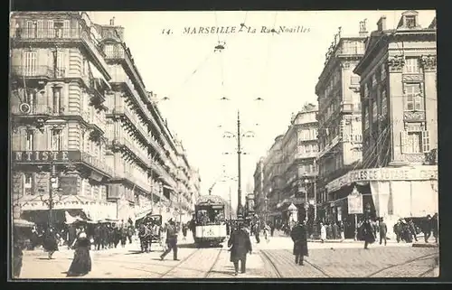 AK Marseille, La Rue Noailles, Strassenbahn