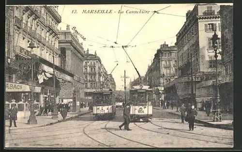 AK Marseille, La Cannebiere, Strassenbahn