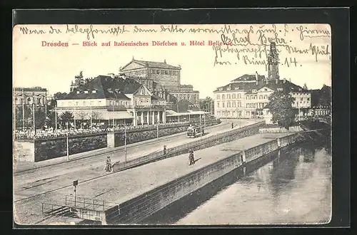 AK Dresden, Blick auf Italienisches Dörfchen und Bellevue, Strassenbahn