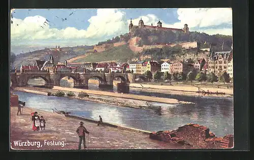 Künstler-AK Würzburg, Panorama mit Festung