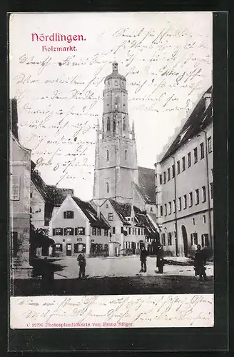 AK Nördlingen, Holzmarkt mit Kirchturm