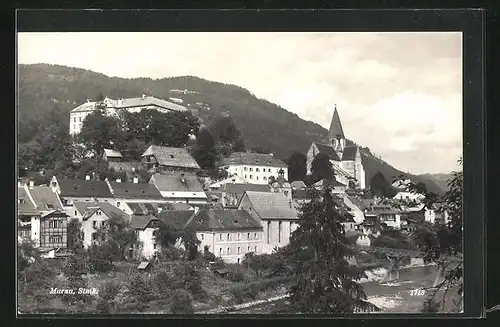 AK Murau, Ortschaft mit Brücke und Kirche