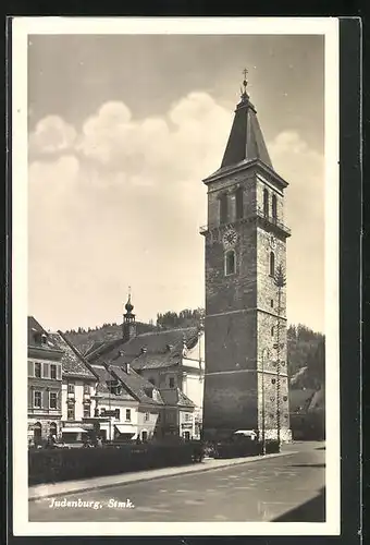AK Judenburg, Kirche vor diversen Geschäften