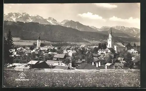 AK Schladming, Totalansicht mit Alpen