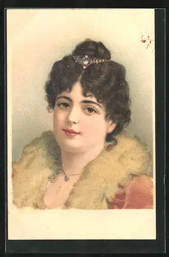 Lithographie Damenportrait mit Haarschmuck und Pelz, Jugendstil