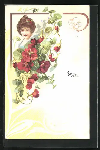 Lithographie Blütenschmuck und Damenportrait, Jugendstil