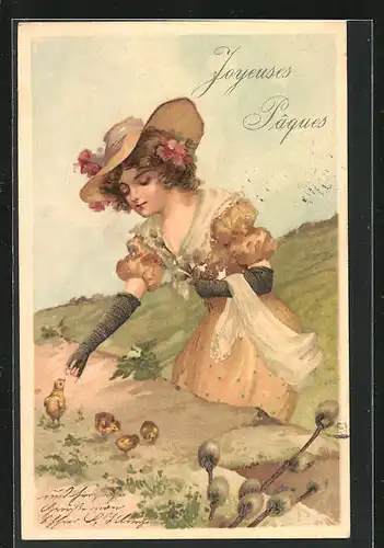 Lithographie Dame mit Hut greift nach Osterküken, Jugendstil