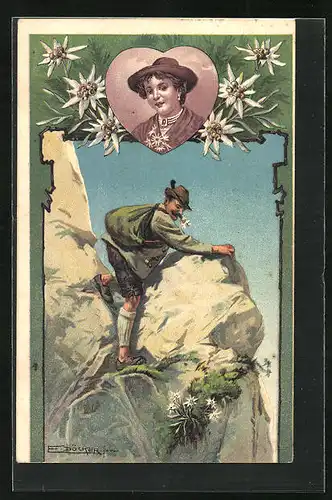 Künstler-AK E. Döcker: Mann in Tracht klettert über Felsen, Portrait der Geliebten in Herzform