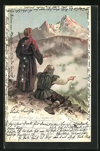 Künstler-AK E. Döcker: Mönch und alter Mann blicken aufs nebelbedeckte Tal