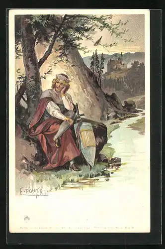 Künstler-AK E. Döcker: Ritter sitzt am Fluss, Burg in der Ferne