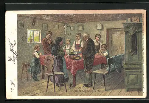 Künstler-AK E. Döcker: Bauernfamilie beim Tischgebet