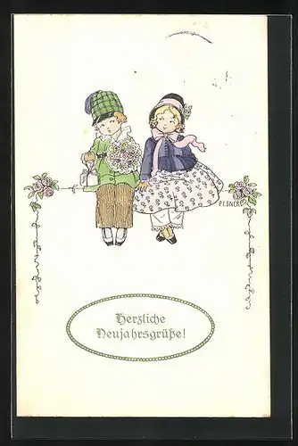 Künstler-AK Pauli Ebner: Niedliches Kinderpaar mit Rosen