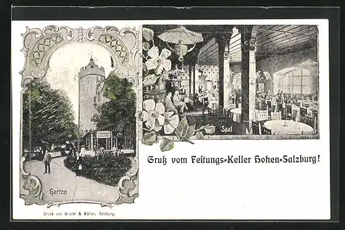 AK Salzburg, Gasthaus Festungs-Keller Hohen-Salzburg, Inneres Saal, Garten