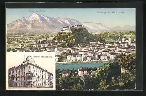 AK Salzburg, Hotel Habsburg, Ortsansicht mit Untersberg