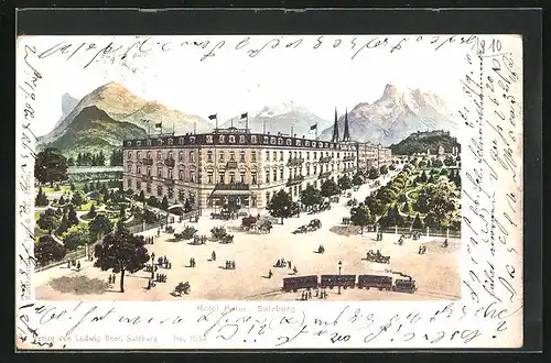 AK Salzburg, Hotel Pitter mit Strassenbahn