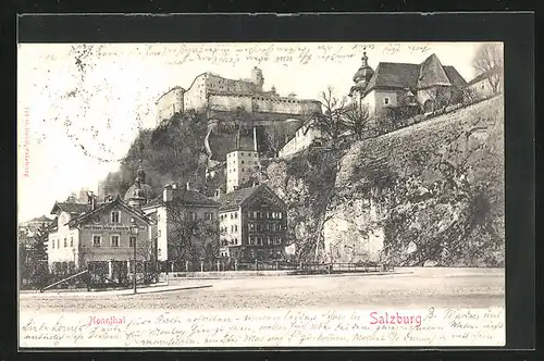 AK Salzburg-Nonnthal, Strassenpartie mit Geschäften und Burg