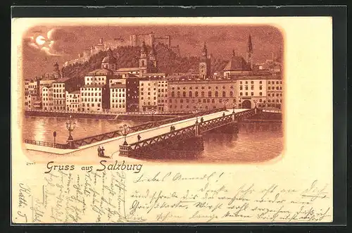 Lithographie Salzburg, Uferpartie mit Brücke bei Vollmond