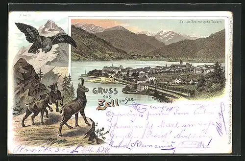 Lithographie Zell am See, Totalansicht mit hohe Tauern