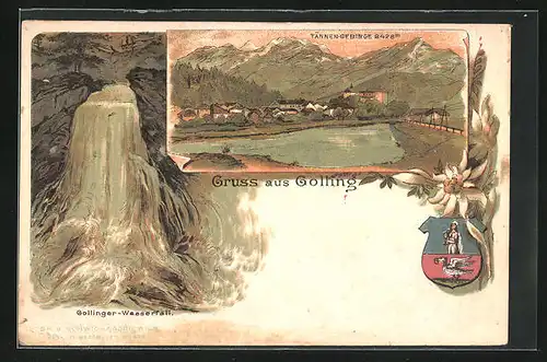 Lithographie Golling, Wasserfall, Ortsansicht, Wappen