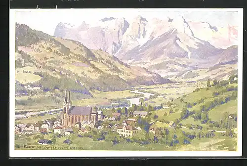 Künstler-AK St. Johann im Pongau, Teilansicht mit Kirche mit dem Tennengebirge