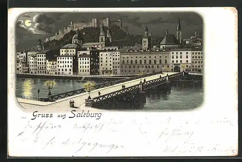 Mondschein-Lithographie Salzburg, Brücke gegen Zentrum