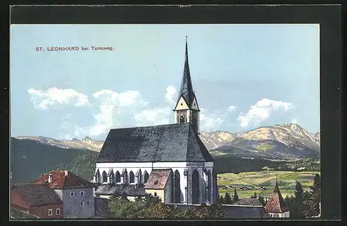 AK St. Leonhard b. Tamsweg, Kirche gegen Gebirge