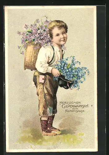 Präge-AK Knabe mit Kiepe voller Blumen, Namenstag