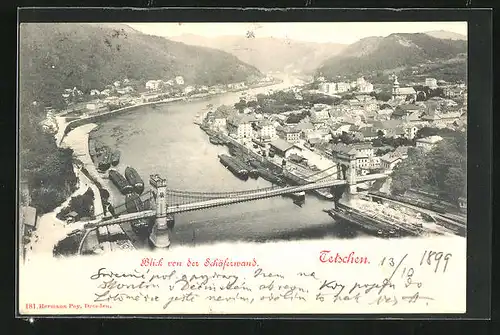 AK Tetschen-Bodenbach / Decin, Blick von der Schäferwand auf den Ort mit Brücke