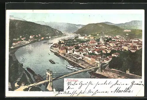 AK Tetschen-Bodenbach / Decin, Dampfer auf dem Fluss, Kettenbrücke und Ortsansicht