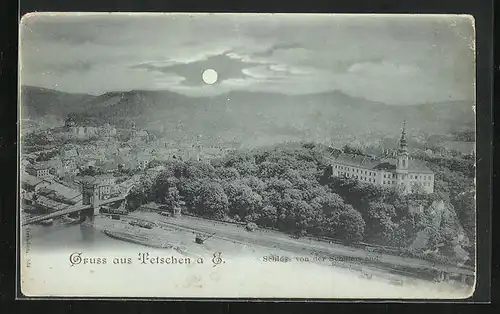 Mondschein-AK Tetschen-Bodenbach / Decin, Schloss von der Schäferwand aus