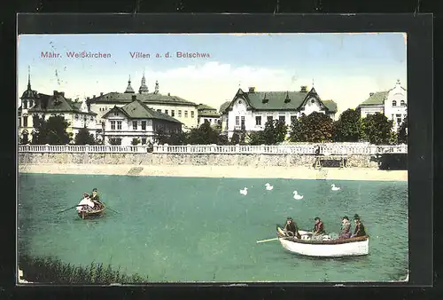 AK Mähr.-Weisskirchen, Villen a. d. Betschwa mit Booten