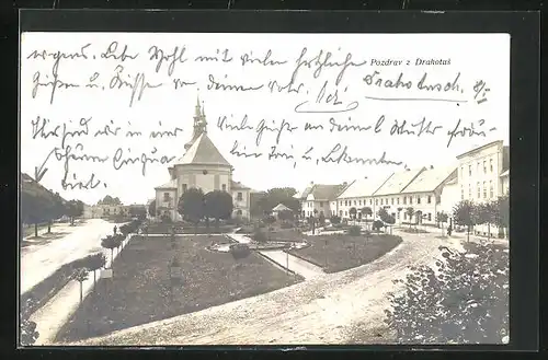 AK Drahotus, Ortspartie mit Kirche