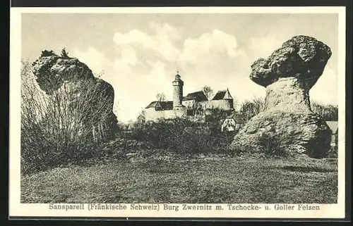 AK Sanspareil (Fränk. Schweiz), Burg Zwernitz mit Tschocke- und Goller Felsen