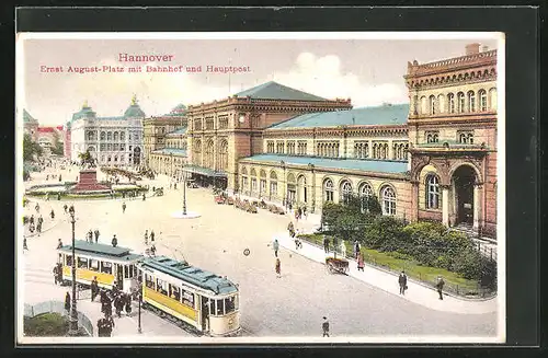 AK Hannover, Ernst August-Platz mit Bahnhof und Hauptpost