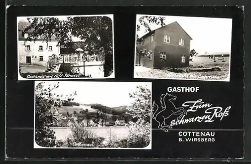 AK Cottenau, Ortsansicht, Gasthaus Zum schwarzen Ross mit Cafè-Terrasse, Gästehaus mit Liegewiese