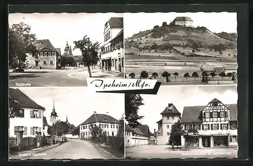 AK Ipsheim /Mittelfranken, Schloss Hoheneck, Überlandzentrale mit Storchennest, Kirche und Apotheke, Dorfstrasse