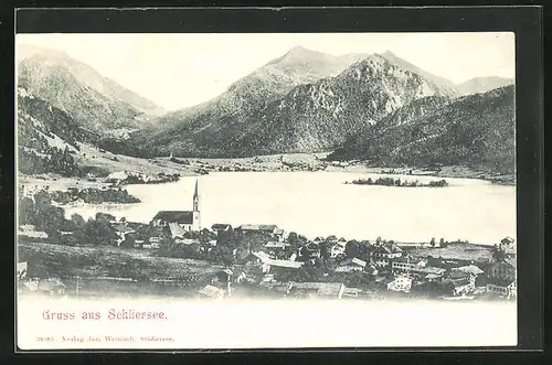 AK Schliersee, Blick über Ort und See ins Gebirge