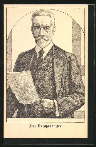 Künstler-AK Reichskanzler von Bethmann Hollweg mit einem Brief in der Hand